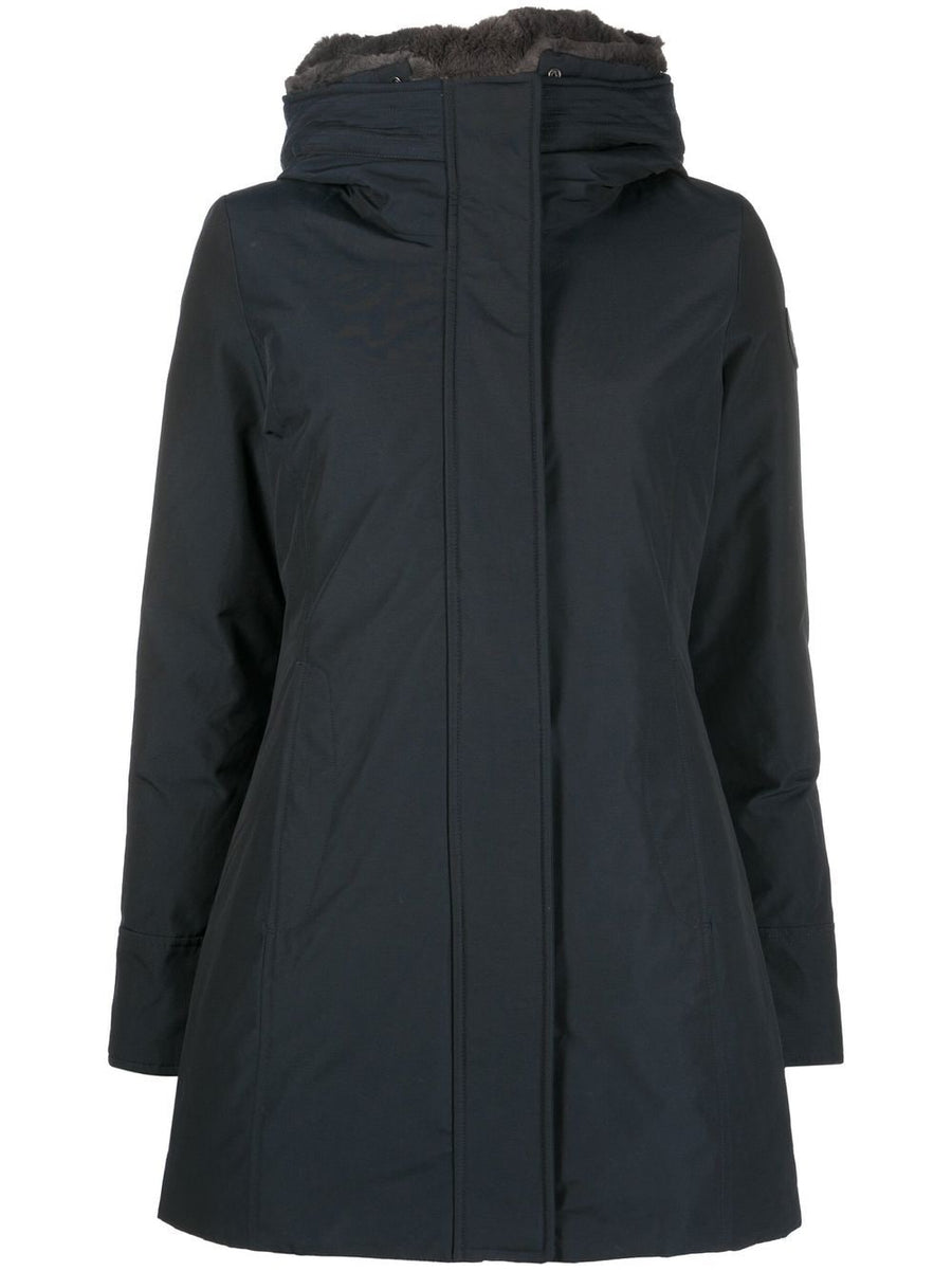 Woolrich Boulder Parka Coat For Women Down Insulated Navy With Classic Hood And Front Zip Warmth