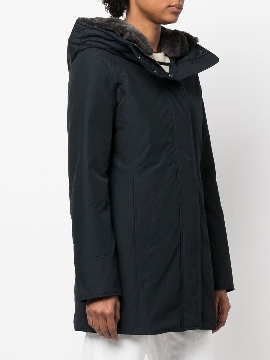Woolrich Boulder Parka Coat For Women Down Insulated Navy With Classic Hood And Front Zip Warmth