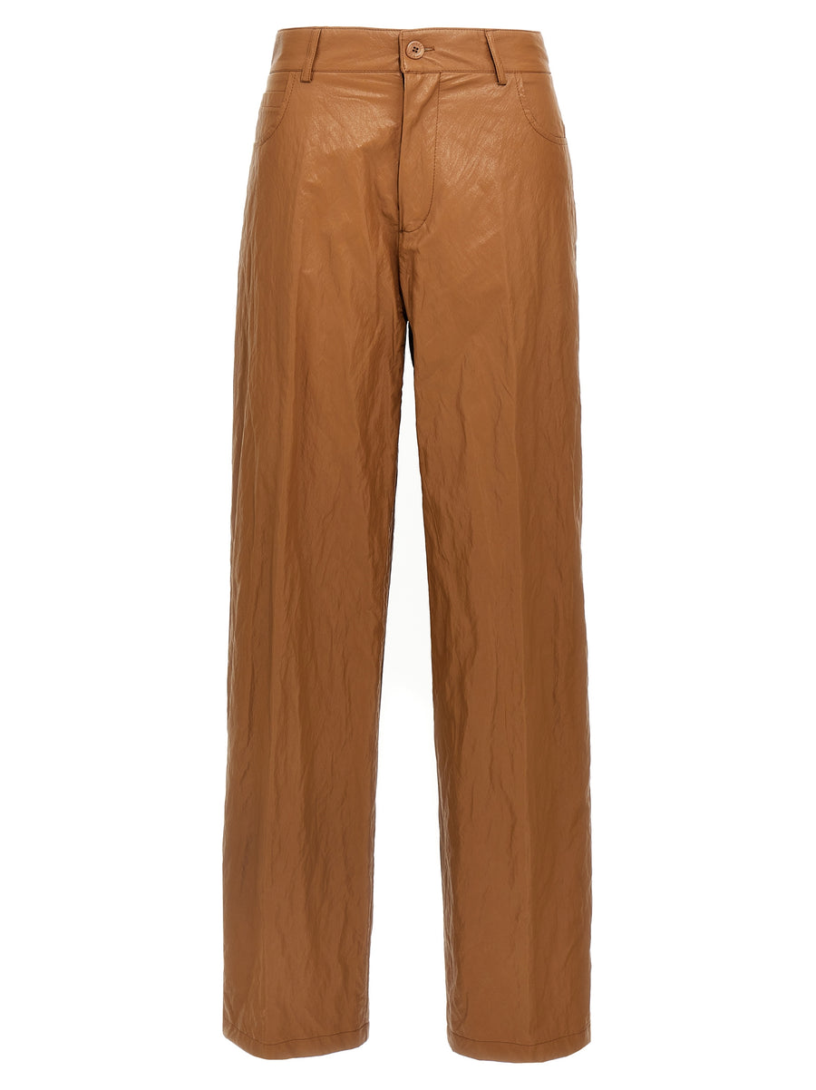 Nude Leather Effect Trousers For Women Brown Wide Leg Pants With Versatile Style And Clean Zip Closure