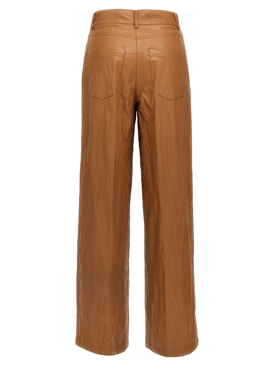 Nude Leather Effect Trousers For Women Brown Wide Leg Pants With Versatile Style And Clean Zip Closure