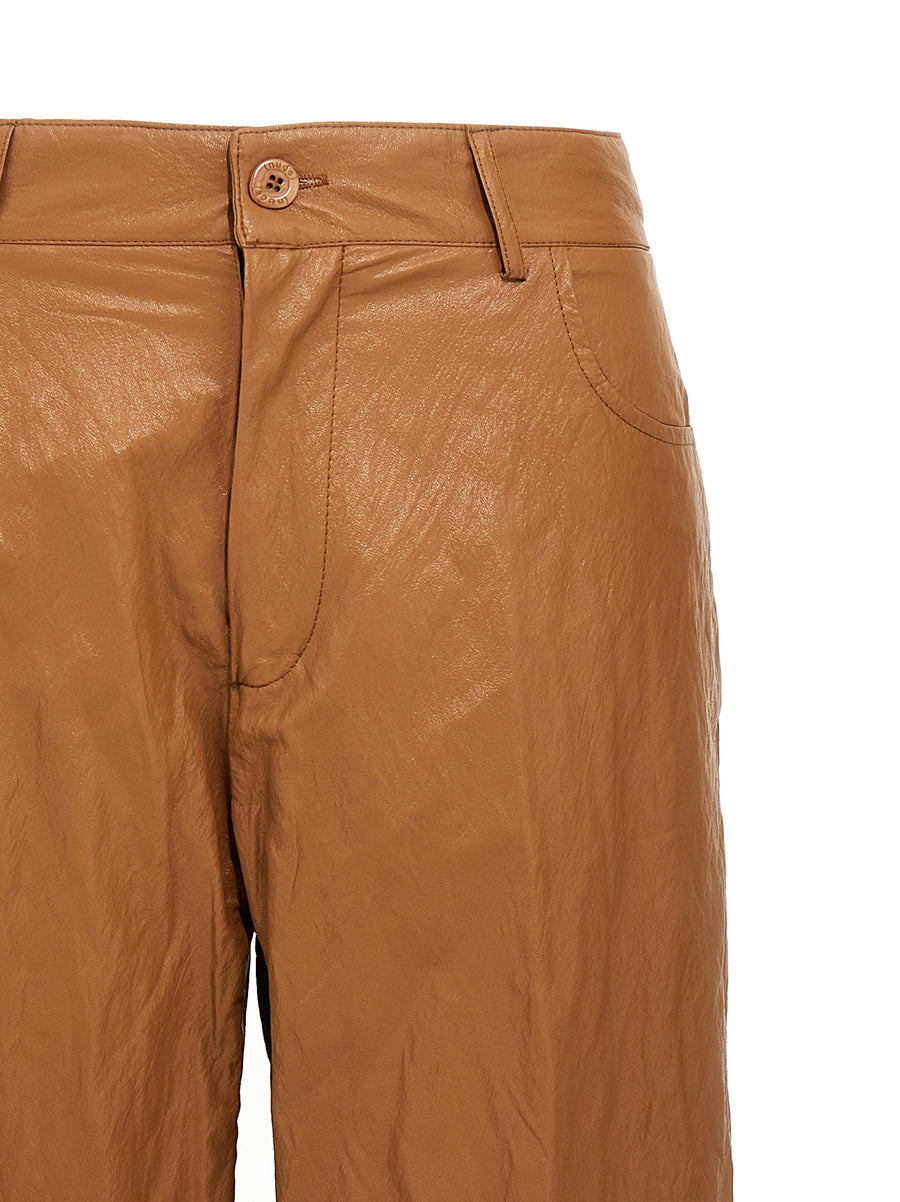Nude Leather Effect Trousers For Women Brown Wide Leg Pants With Versatile Style And Clean Zip Closure