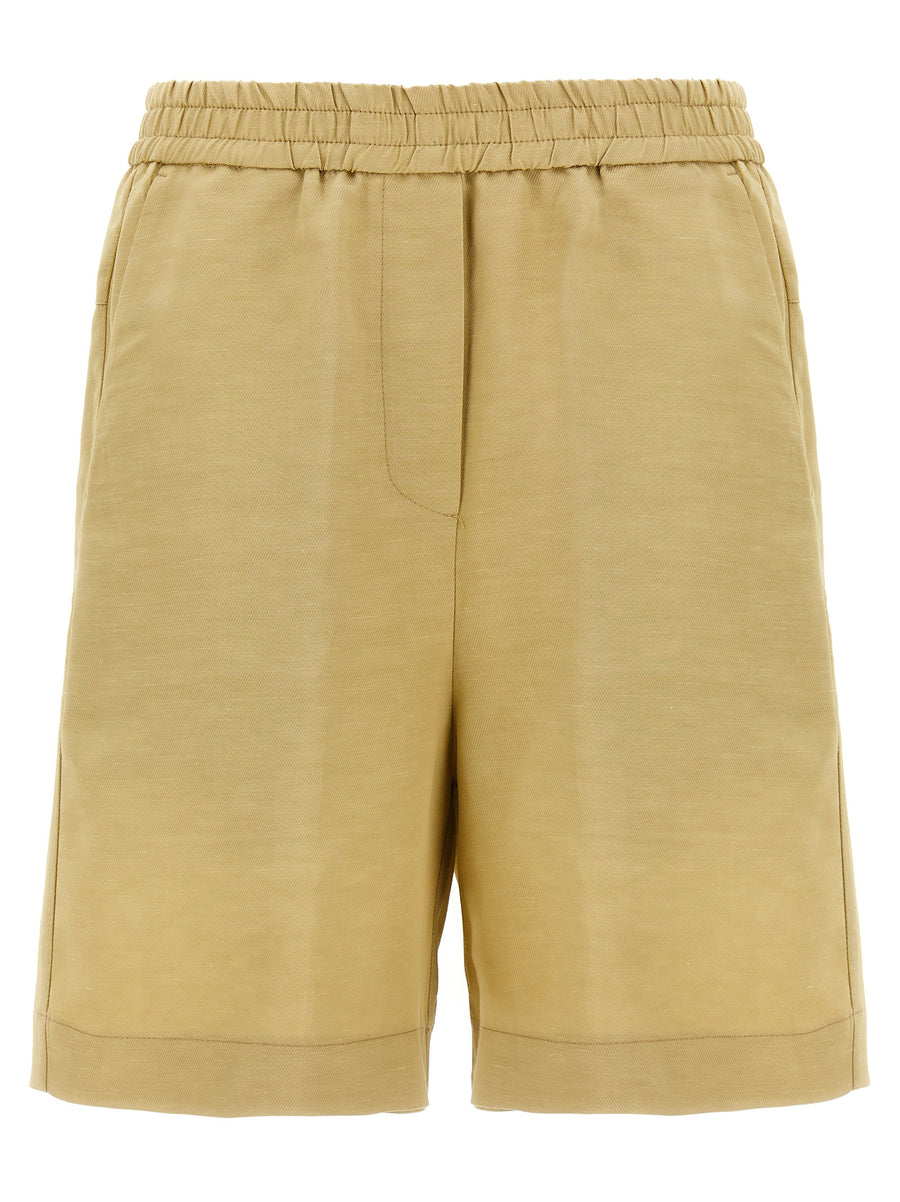 Nude Linen Blend Bermuda Shorts For Women Beige Breathable Lightweight With Elastic Waist And Pockets