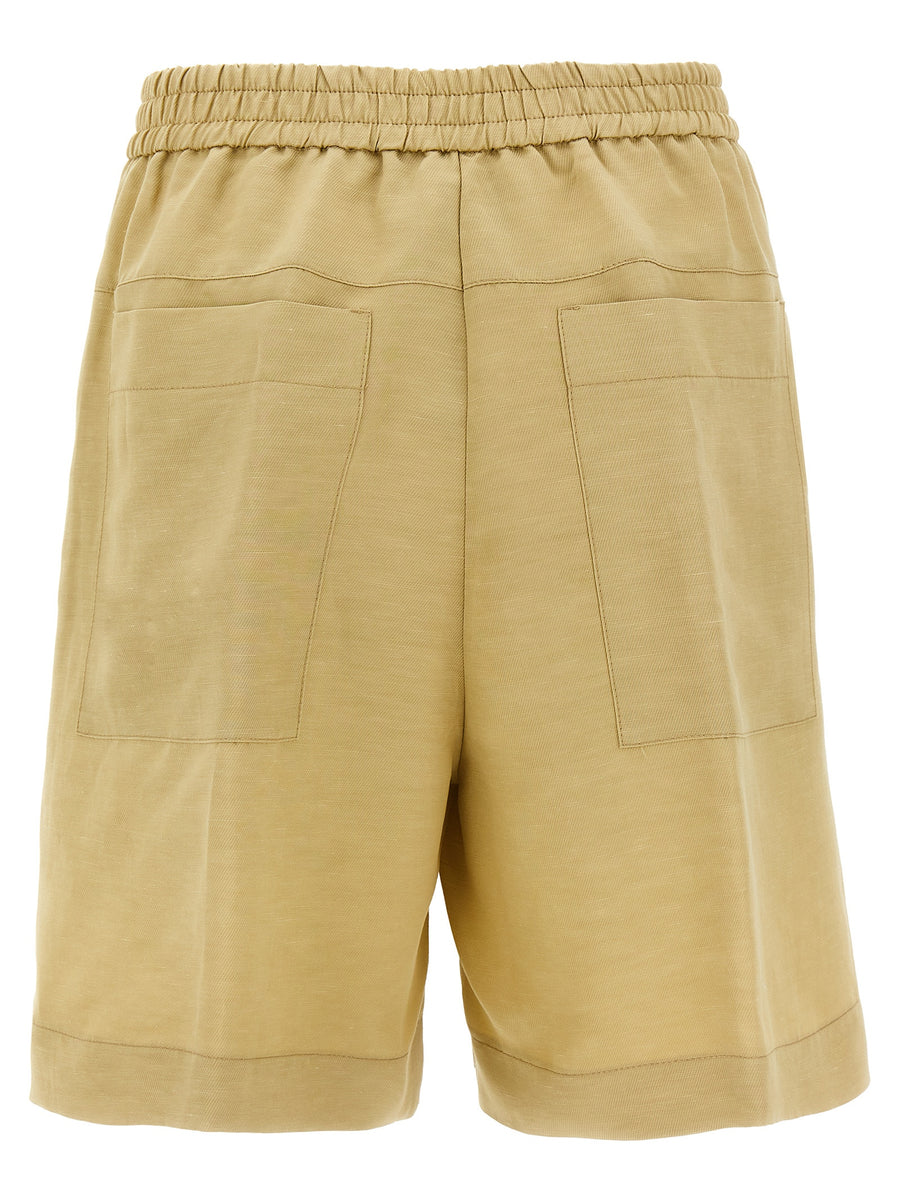 Nude Linen Blend Bermuda Shorts For Women Beige Breathable Lightweight With Elastic Waist And Pockets