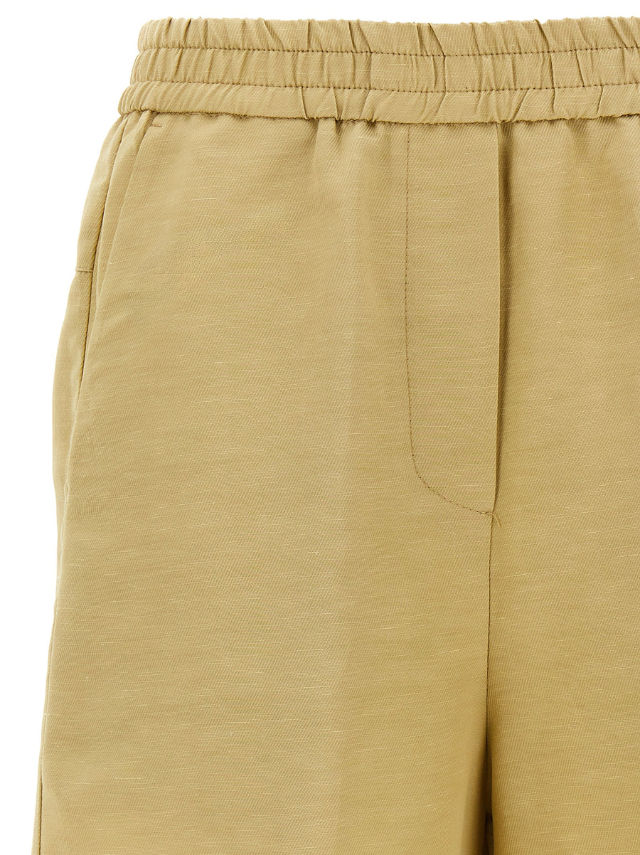 Nude Linen Blend Bermuda Shorts For Women Beige Breathable Lightweight With Elastic Waist And Pockets