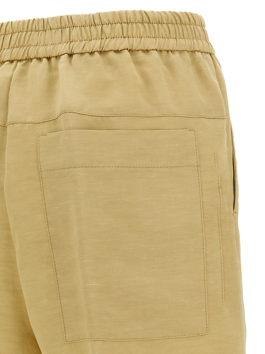 Nude Linen Blend Bermuda Shorts For Women Beige Breathable Lightweight With Elastic Waist And Pockets