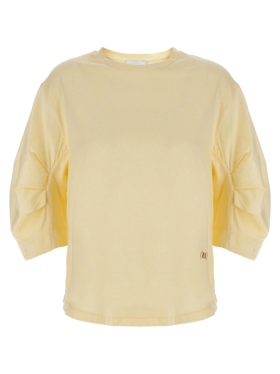 Nude 100 Percent Cotton Beige Crewneck T Shirt For Women With Subtle Logo Embroidery