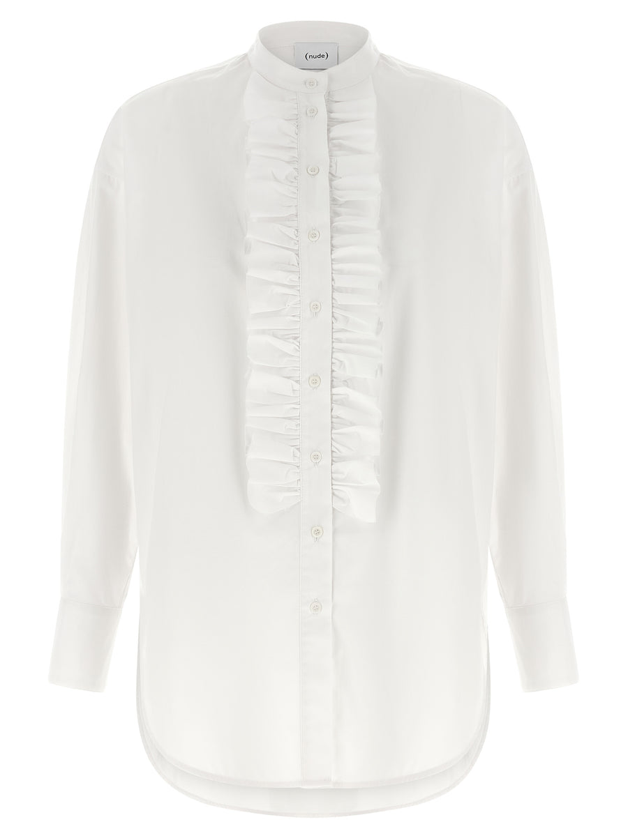 Nude Ruches Shirt White Cotton Poplin Blouse Front Ruching Mandarin Collar For Women Everyday Luxe
