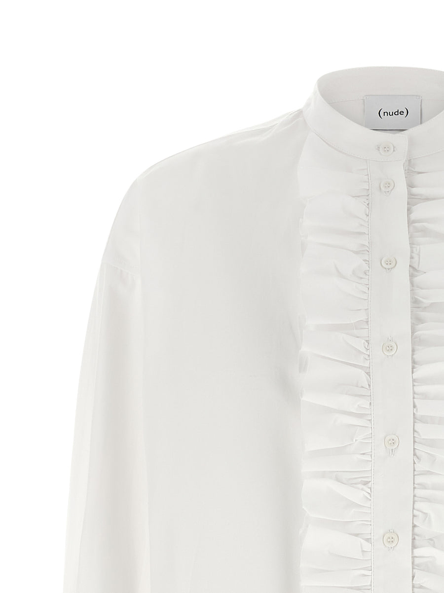 Nude Ruches Shirt White Cotton Poplin Blouse Front Ruching Mandarin Collar For Women Everyday Luxe