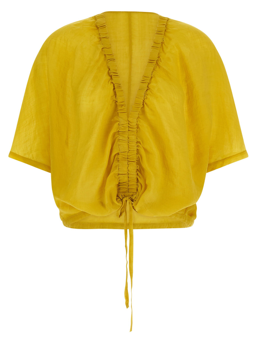 Nude Lightweight Linen Tencel Gathered Top For Women Yellow With Elastic Neckline And Drawstring Hem