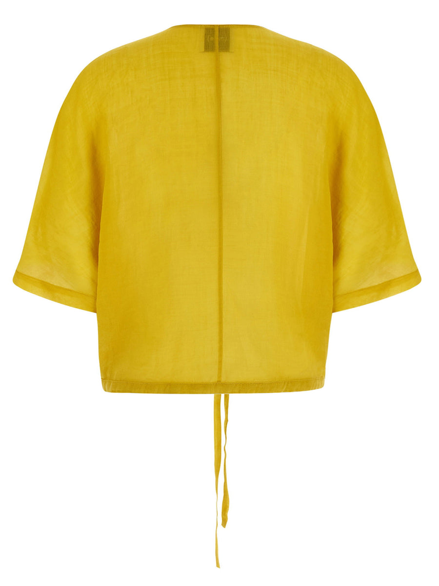 Nude Lightweight Linen Tencel Gathered Top For Women Yellow With Elastic Neckline And Drawstring Hem