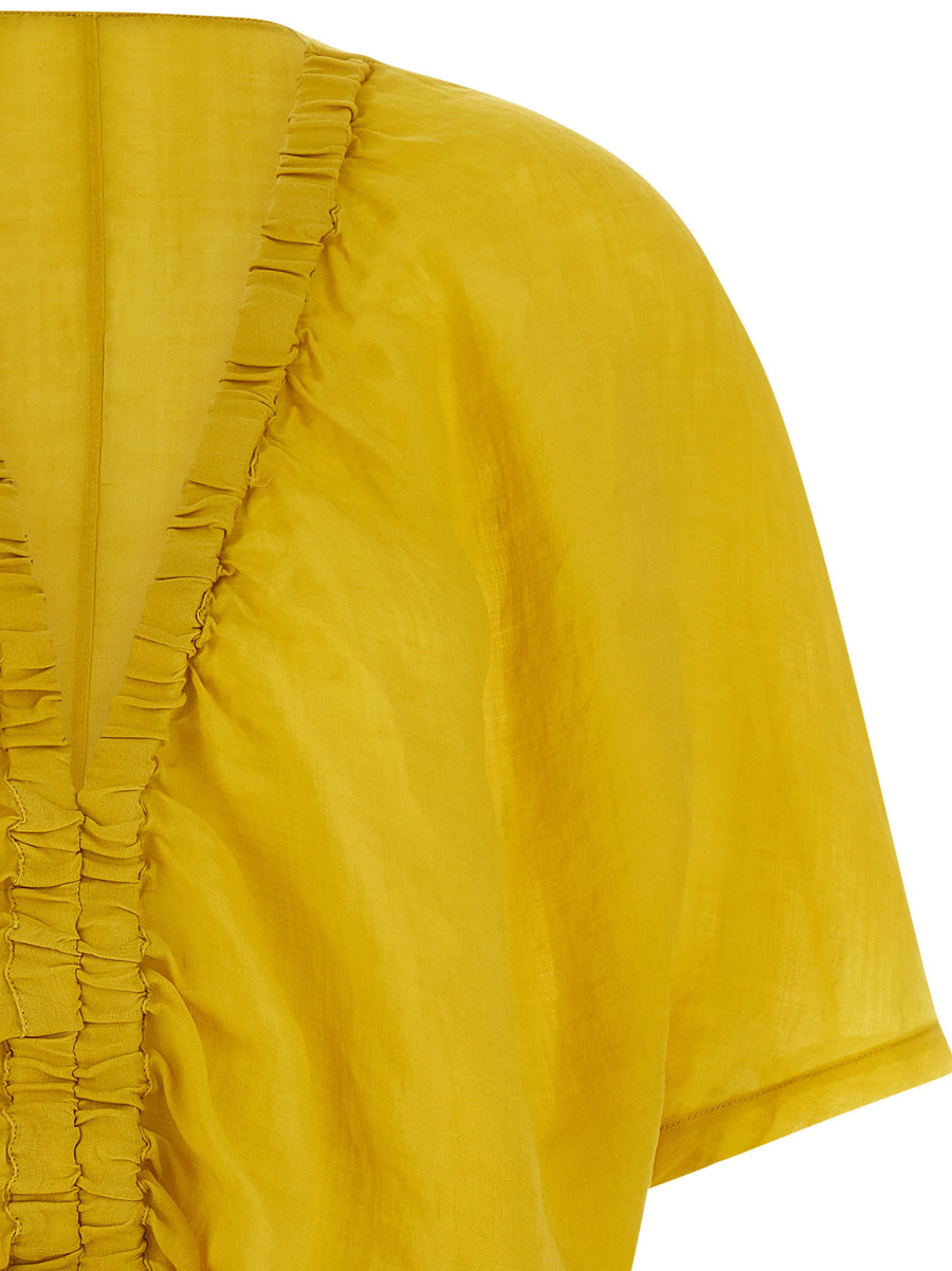 Nude Lightweight Linen Tencel Gathered Top For Women Yellow With Elastic Neckline And Drawstring Hem