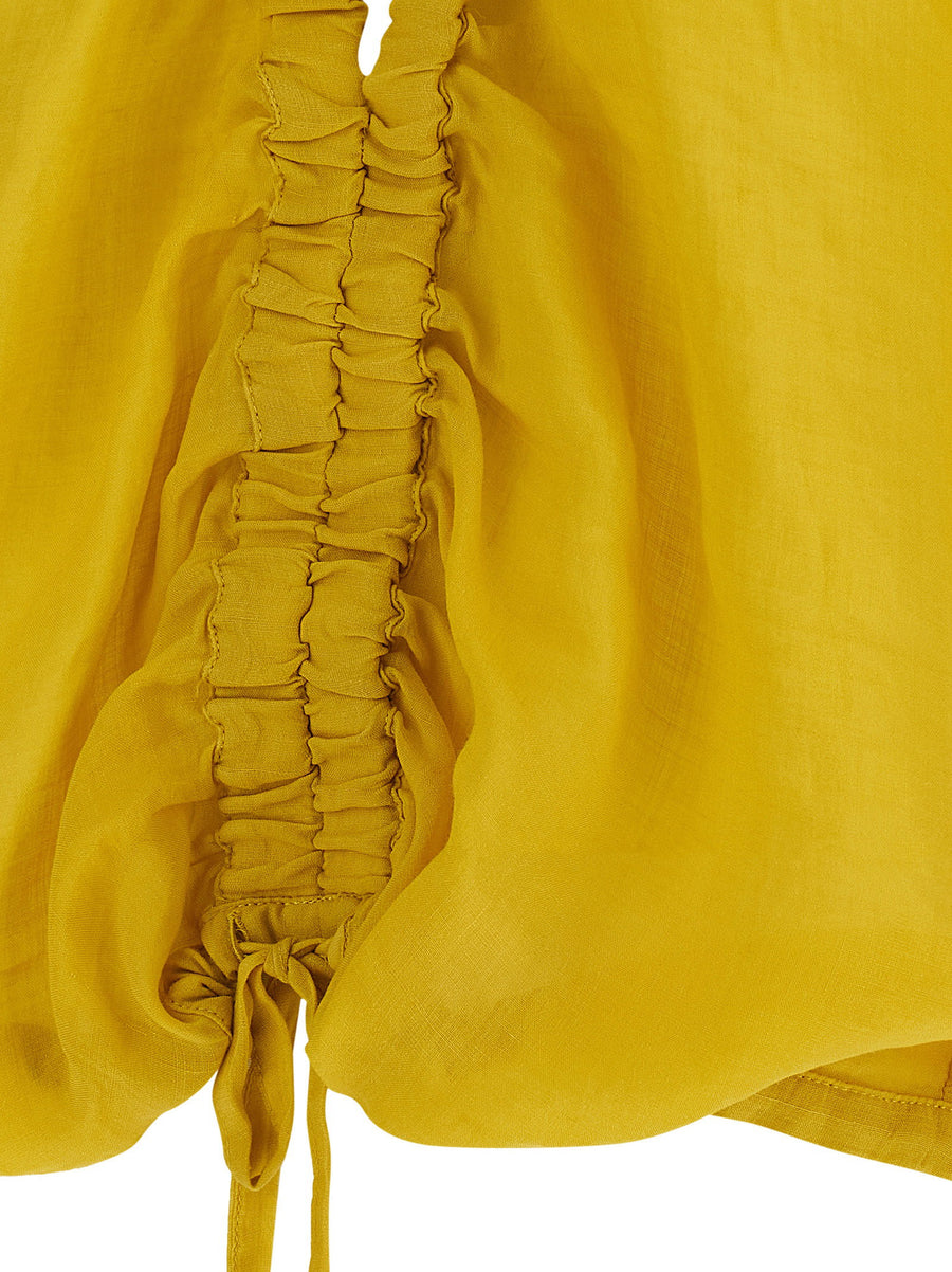 Nude Lightweight Linen Tencel Gathered Top For Women Yellow With Elastic Neckline And Drawstring Hem