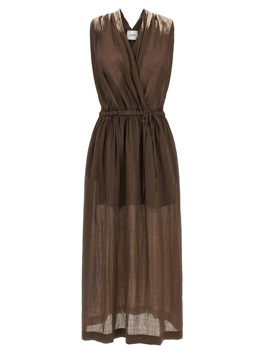 Nude Linen Blend Dress Breathable Removable Elastic Waistband Matching Skirt Brown For Women