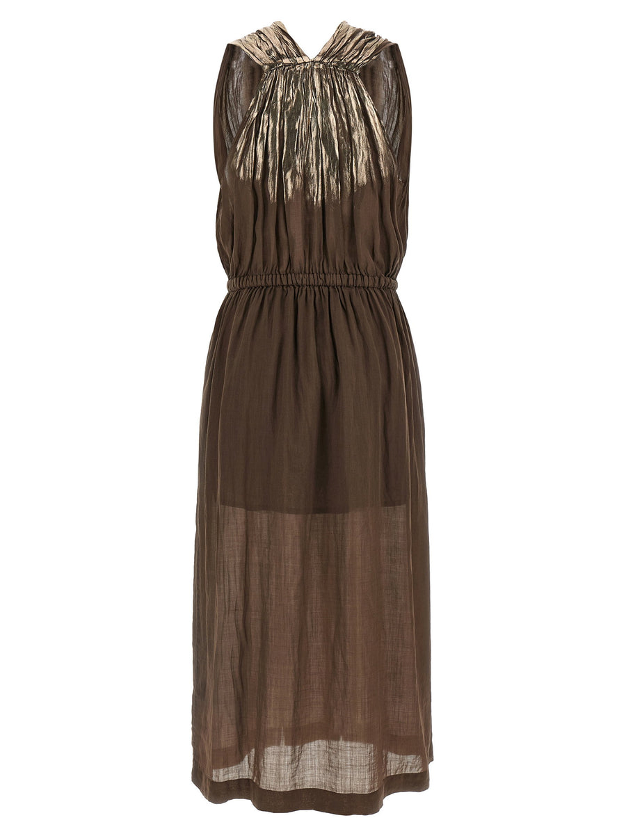 Nude Linen Blend Dress Breathable Removable Elastic Waistband Matching Skirt Brown For Women