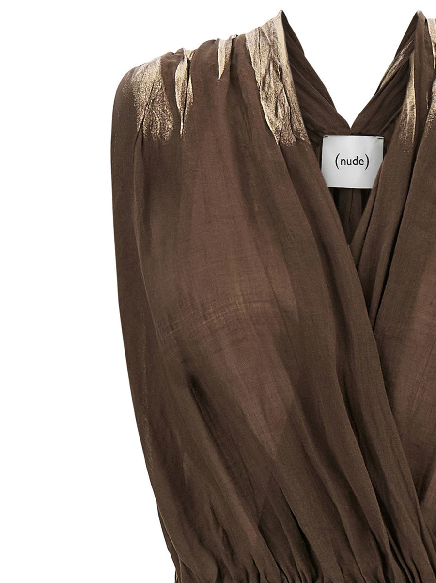 Nude Linen Blend Dress Breathable Removable Elastic Waistband Matching Skirt Brown For Women