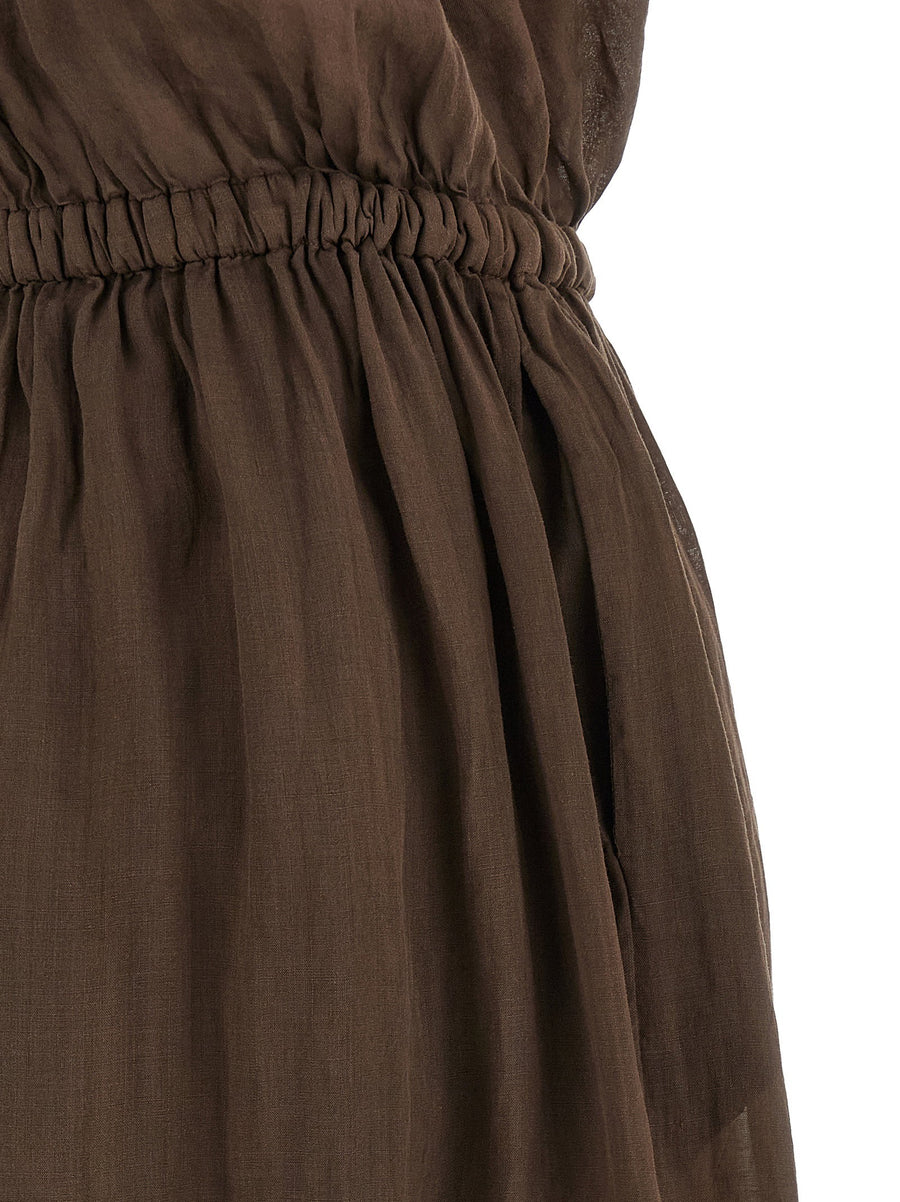Nude Linen Blend Dress Breathable Removable Elastic Waistband Matching Skirt Brown For Women