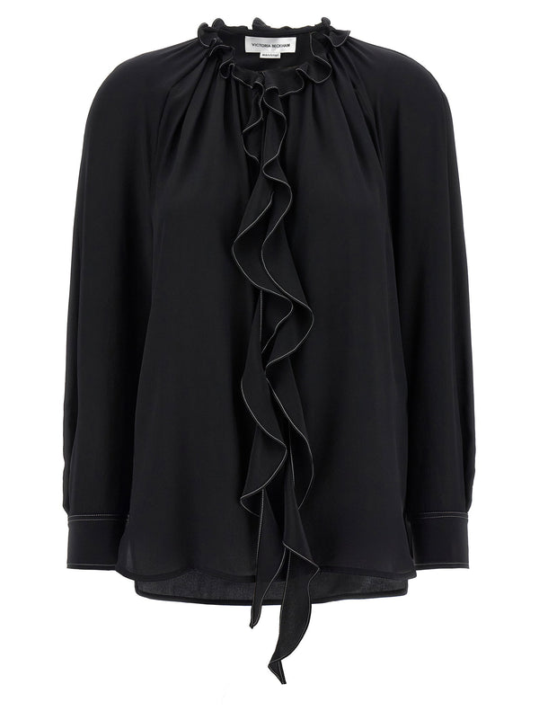 Victoria Beckham Silk Ruffle Blouse For Women Black 100 Percent Silk Lavalliere Collar Versatile Polished