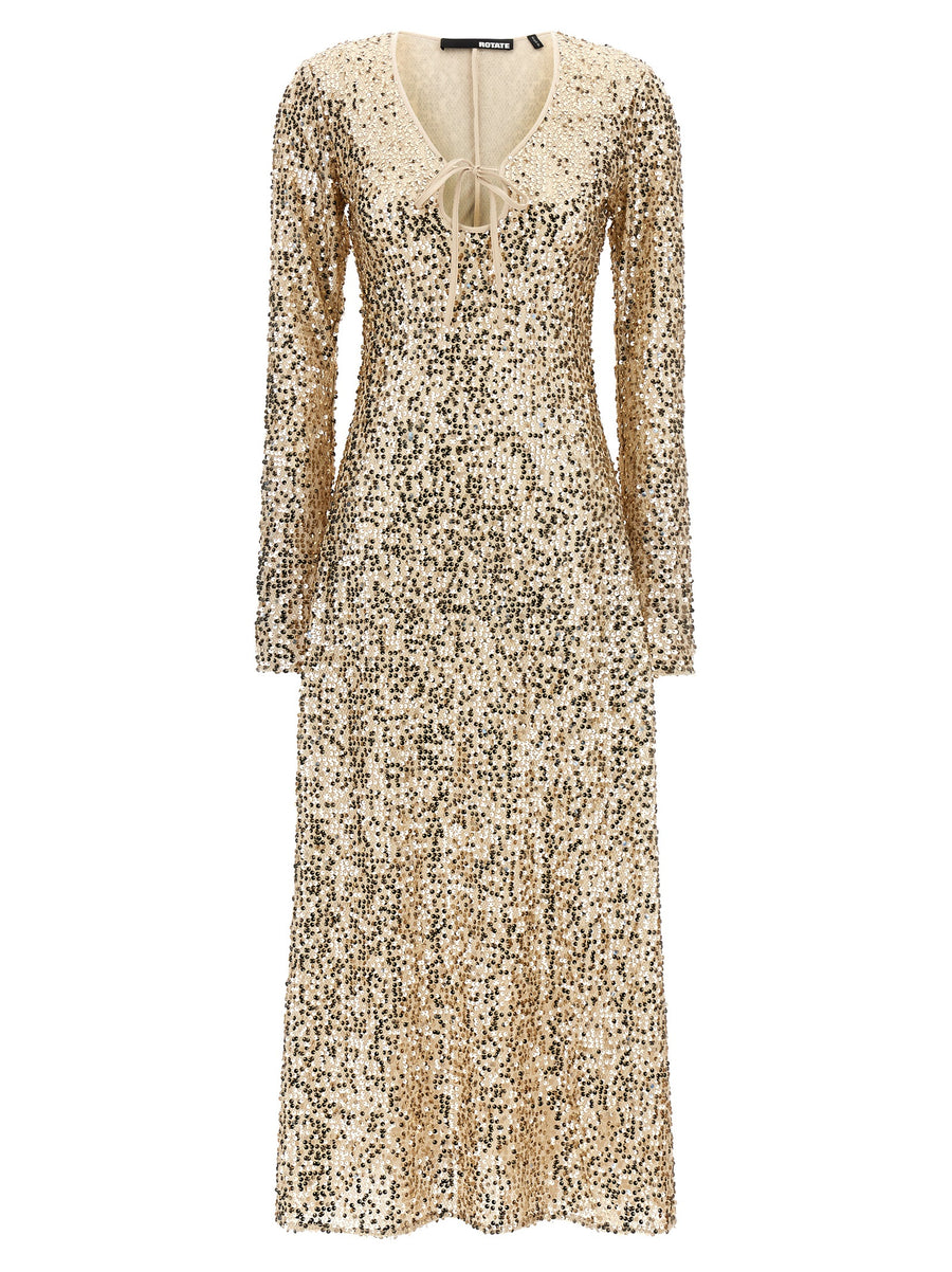 Rotate Birger Christensen Net Sequins Midi Dress Gold Net Mesh V Neck Tie Cord True To German Fit For Women