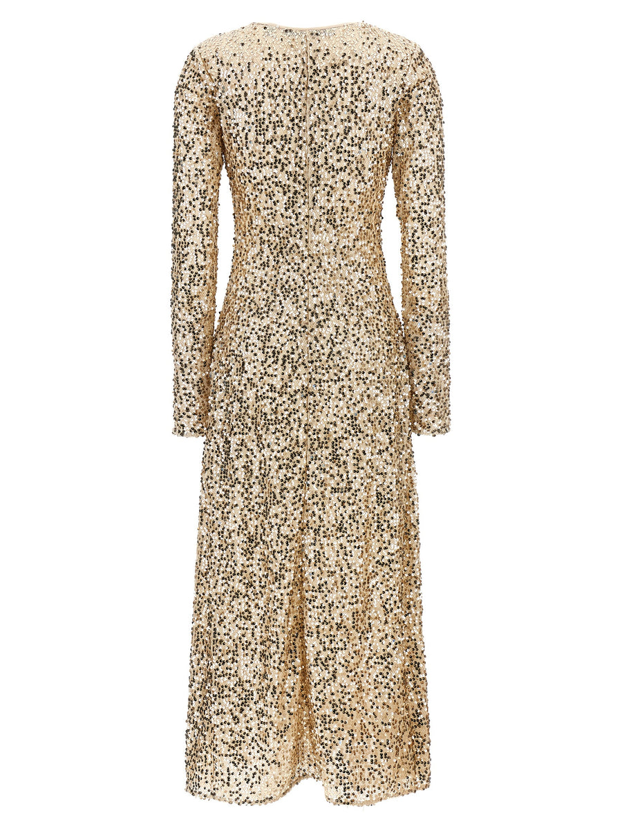 Rotate Birger Christensen Net Sequins Midi Dress Gold Net Mesh V Neck Tie Cord True To German Fit For Women
