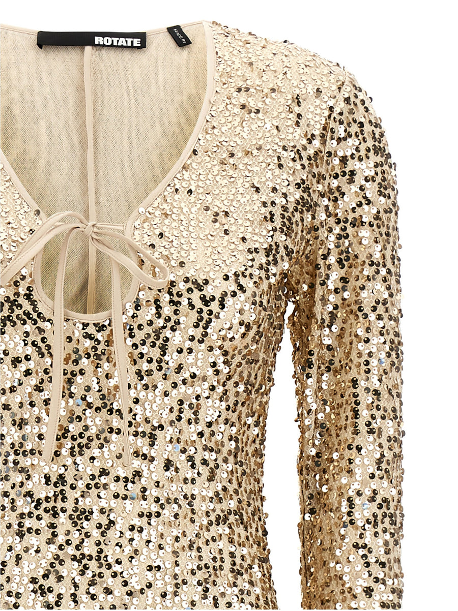Rotate Birger Christensen Net Sequins Midi Dress Gold Net Mesh V Neck Tie Cord True To German Fit For Women
