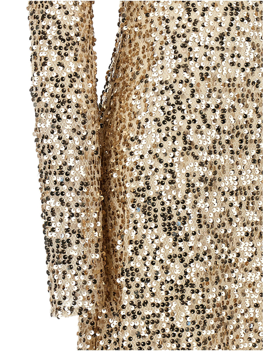 Rotate Birger Christensen Net Sequins Midi Dress Gold Net Mesh V Neck Tie Cord True To German Fit For Women