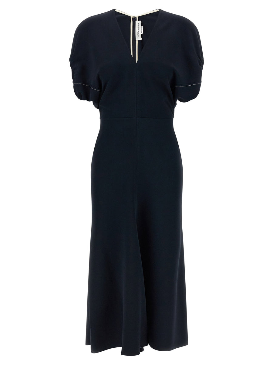Victoria Beckham Edith Dress Blue Cady V Neck With Bloused Sleeves For Modern Evening Wear And Asymmetrical Hem