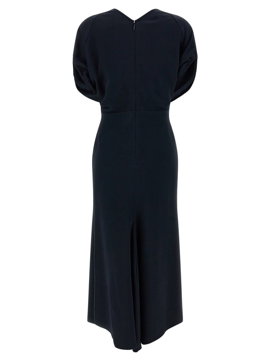 Victoria Beckham Edith Dress Blue Cady V Neck With Bloused Sleeves For Modern Evening Wear And Asymmetrical Hem