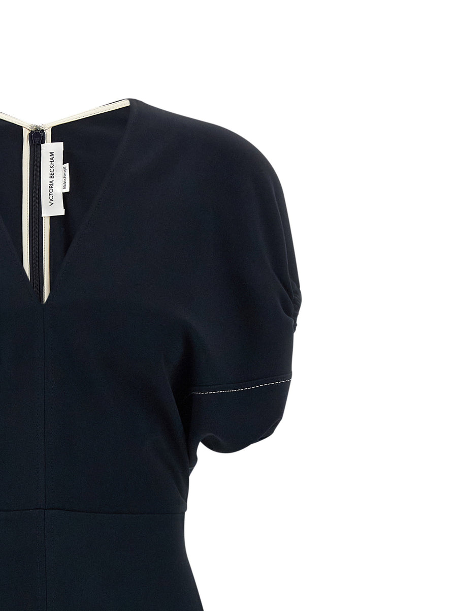 Victoria Beckham Edith Dress Blue Cady V Neck With Bloused Sleeves For Modern Evening Wear And Asymmetrical Hem