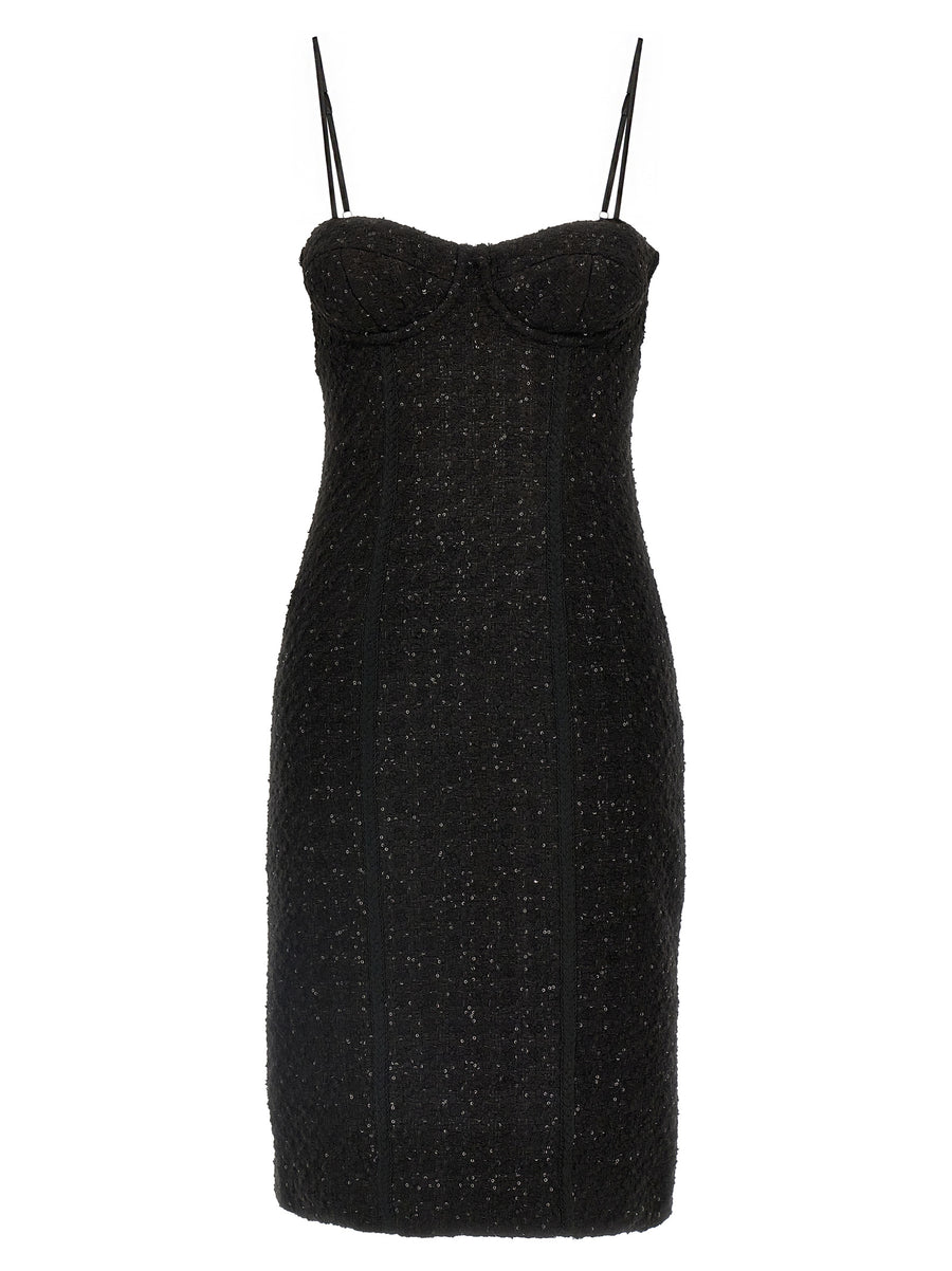 Rotate Birger Christensen Luxe Bouclé Midi Dress With Sequin Appliqué, Adjustable Straps, Back Split For Women