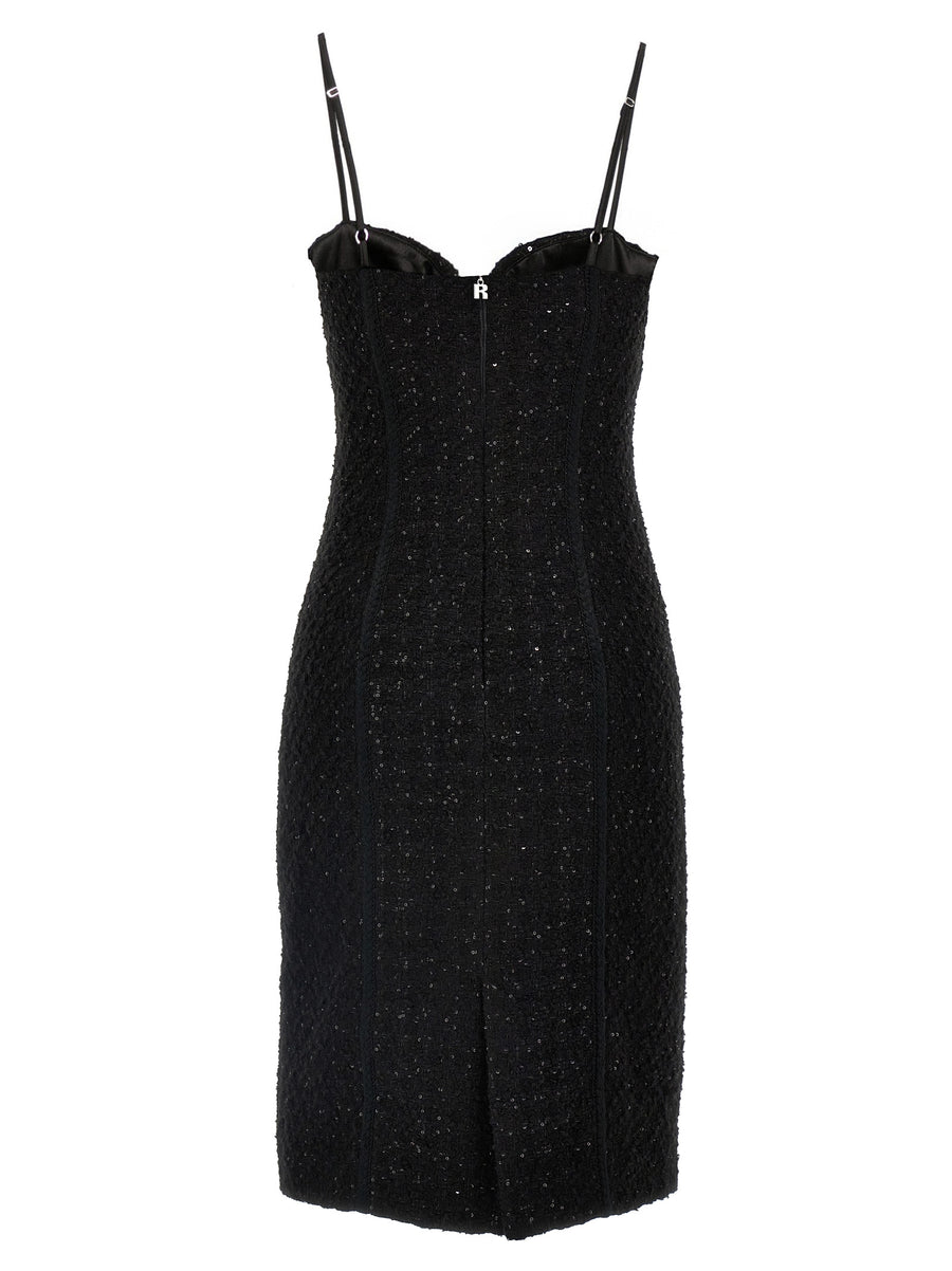Rotate Birger Christensen Luxe Bouclé Midi Dress With Sequin Appliqué, Adjustable Straps, Back Split For Women