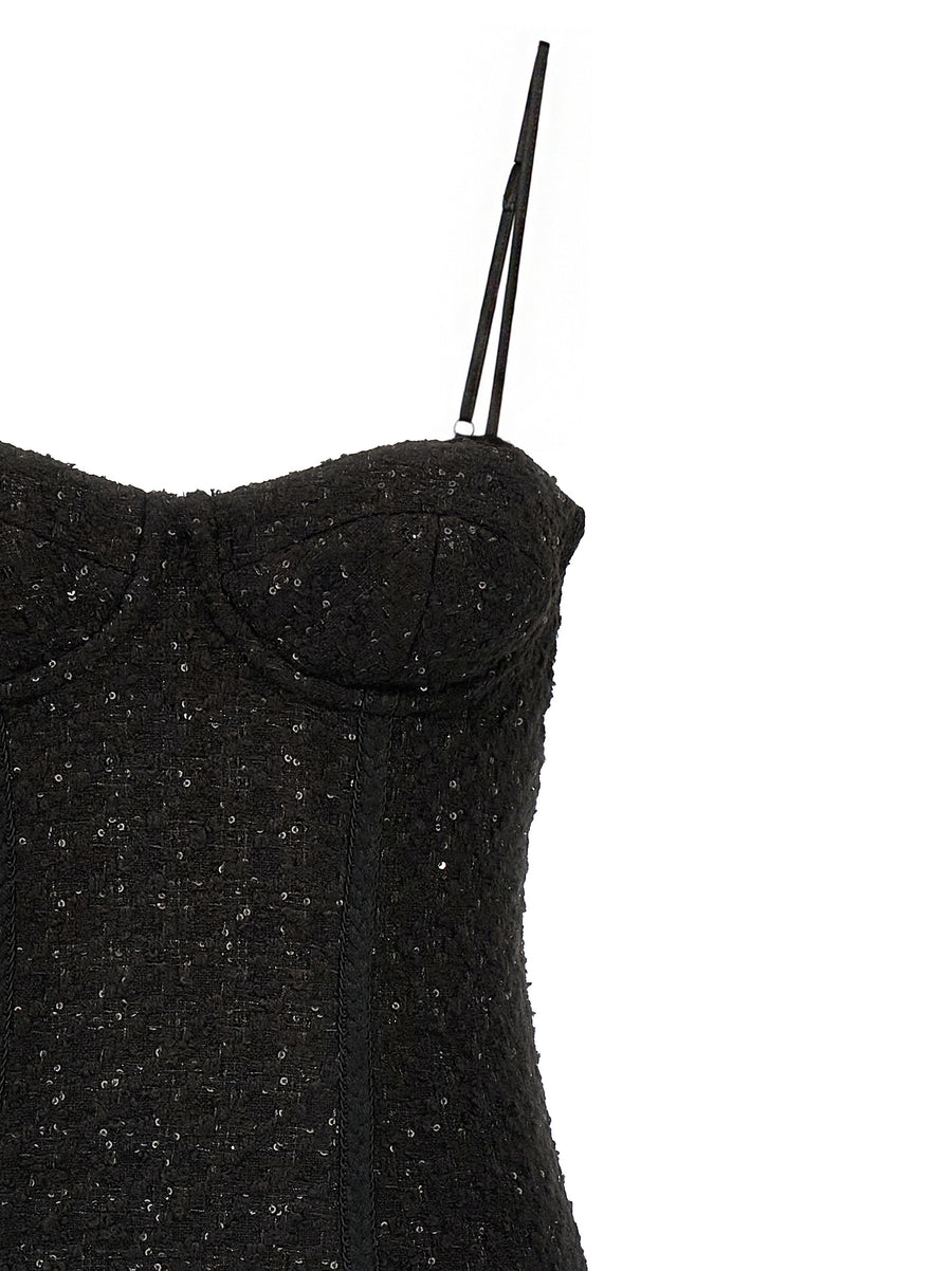 Rotate Birger Christensen Luxe Bouclé Midi Dress With Sequin Appliqué, Adjustable Straps, Back Split For Women