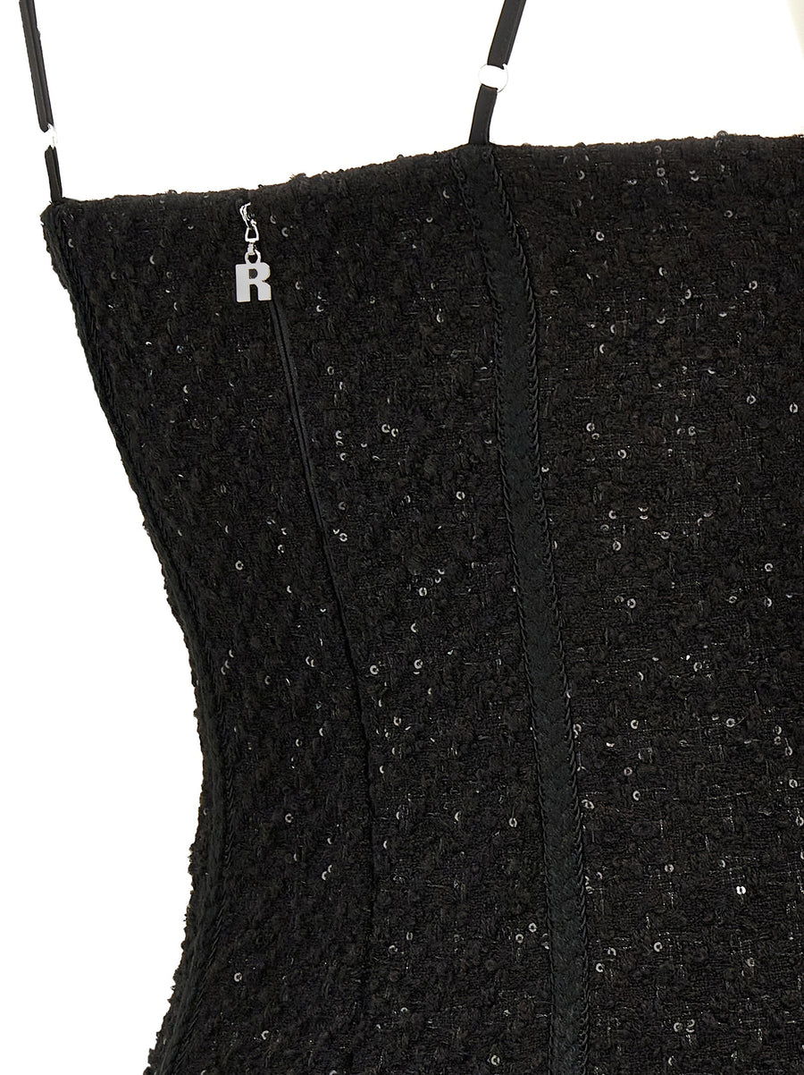 Rotate Birger Christensen Luxe Bouclé Midi Dress With Sequin Appliqué, Adjustable Straps, Back Split For Women