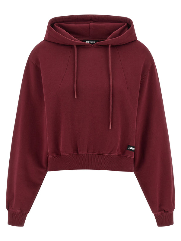 Rotate Birger Christensen Terry Back Hoodie Women Bordeaux Cotton Fleece Cropped Logo Patch Relaxed Fit Streetwear
