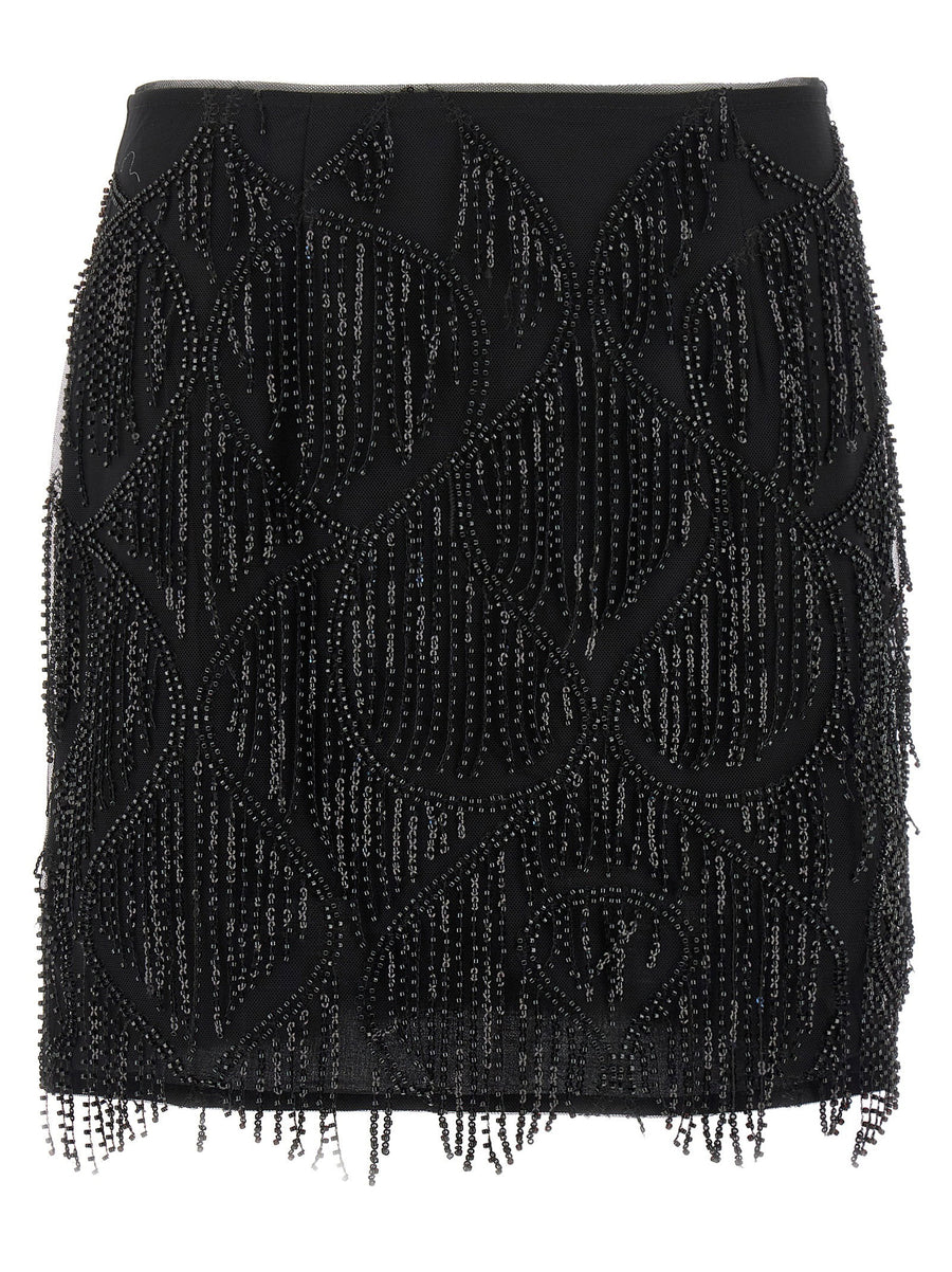 Rotate Birger Christensen Beaded Fringed Sequin Embroidered Mini Skirt Black