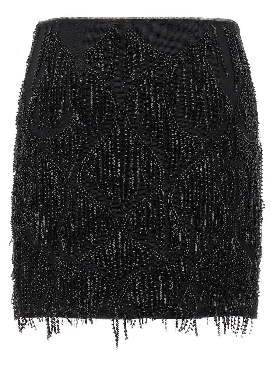 Rotate Birger Christensen Beaded Fringed Sequin Embroidered Mini Skirt Black