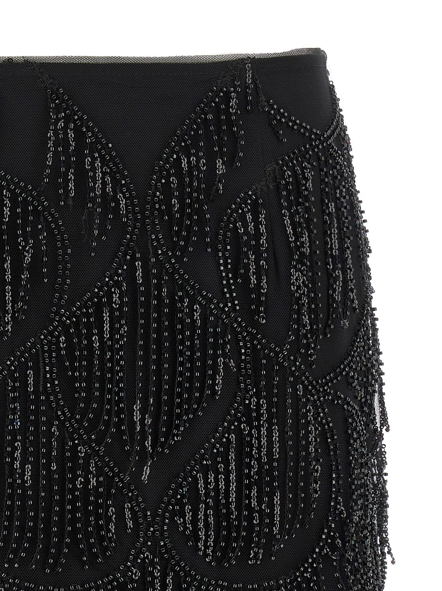 Rotate Birger Christensen Beaded Fringed Sequin Embroidered Mini Skirt Black