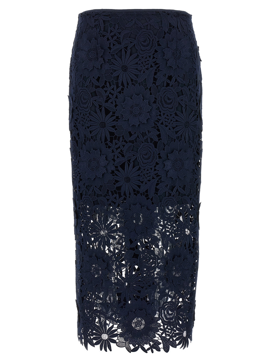 Rotate Birger Christensen 3D Lace Midi Skirt Blue For Women With Openwork Texture And Back Zip