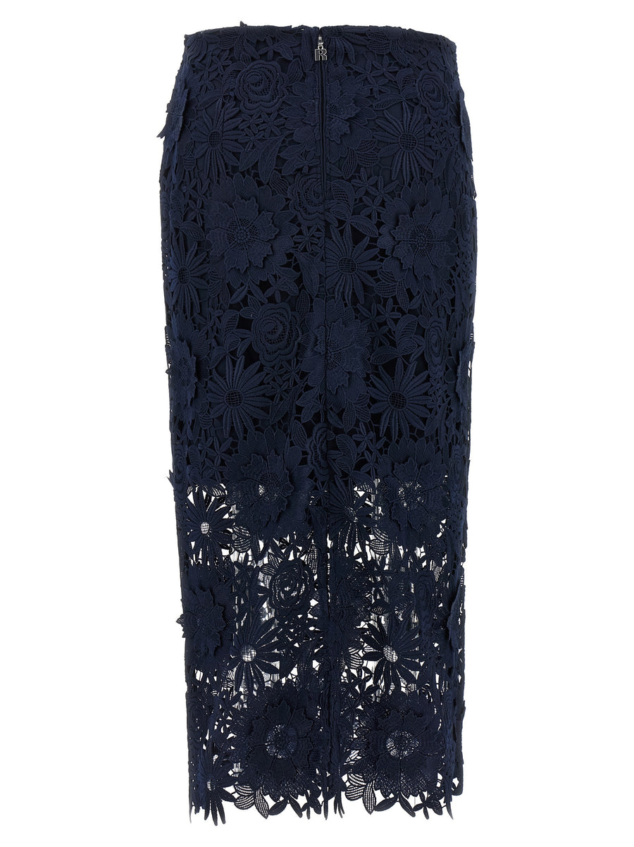 Rotate Birger Christensen 3D Lace Midi Skirt Blue For Women With Openwork Texture And Back Zip