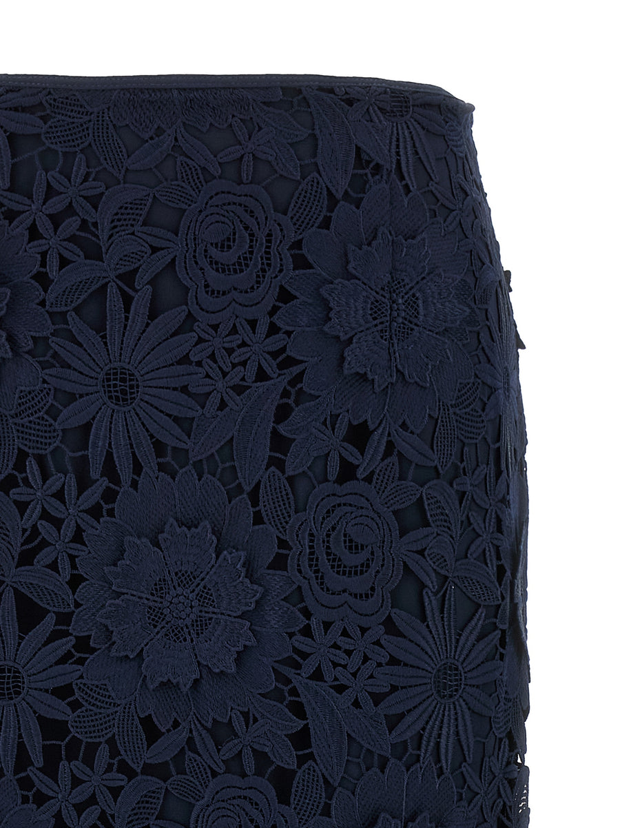 Rotate Birger Christensen 3D Lace Midi Skirt Blue For Women With Openwork Texture And Back Zip