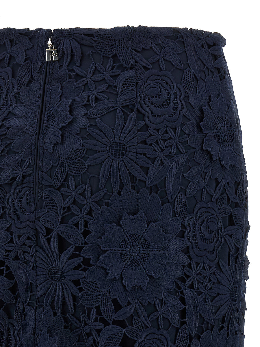Rotate Birger Christensen 3D Lace Midi Skirt Blue For Women With Openwork Texture And Back Zip