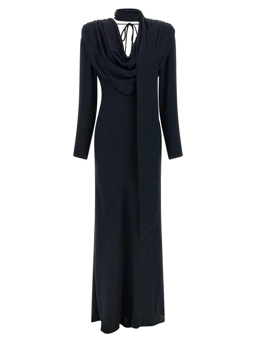 Rotate Birger Christensen Blue Silk Effect Satin Maxi Draped Dress With Scarf