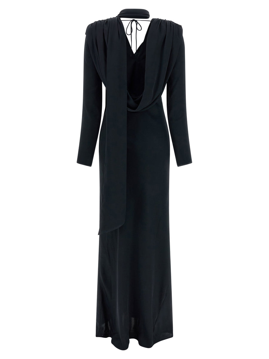 Rotate Birger Christensen Blue Silk Effect Satin Maxi Draped Dress With Scarf