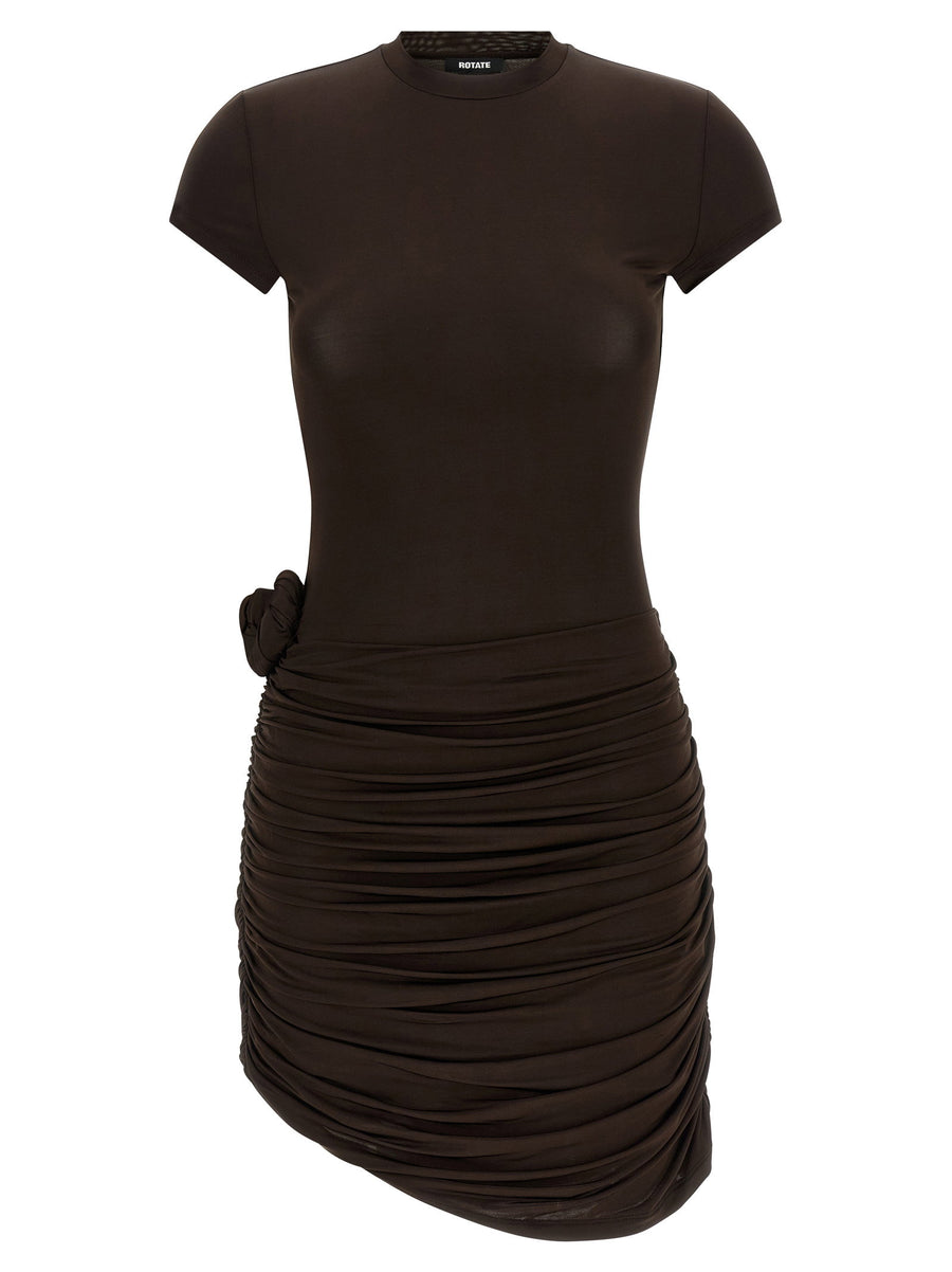 Rotate Birger Christensen Draped Dress For Women Brown Viscose Jersey Mini With Curl Detail