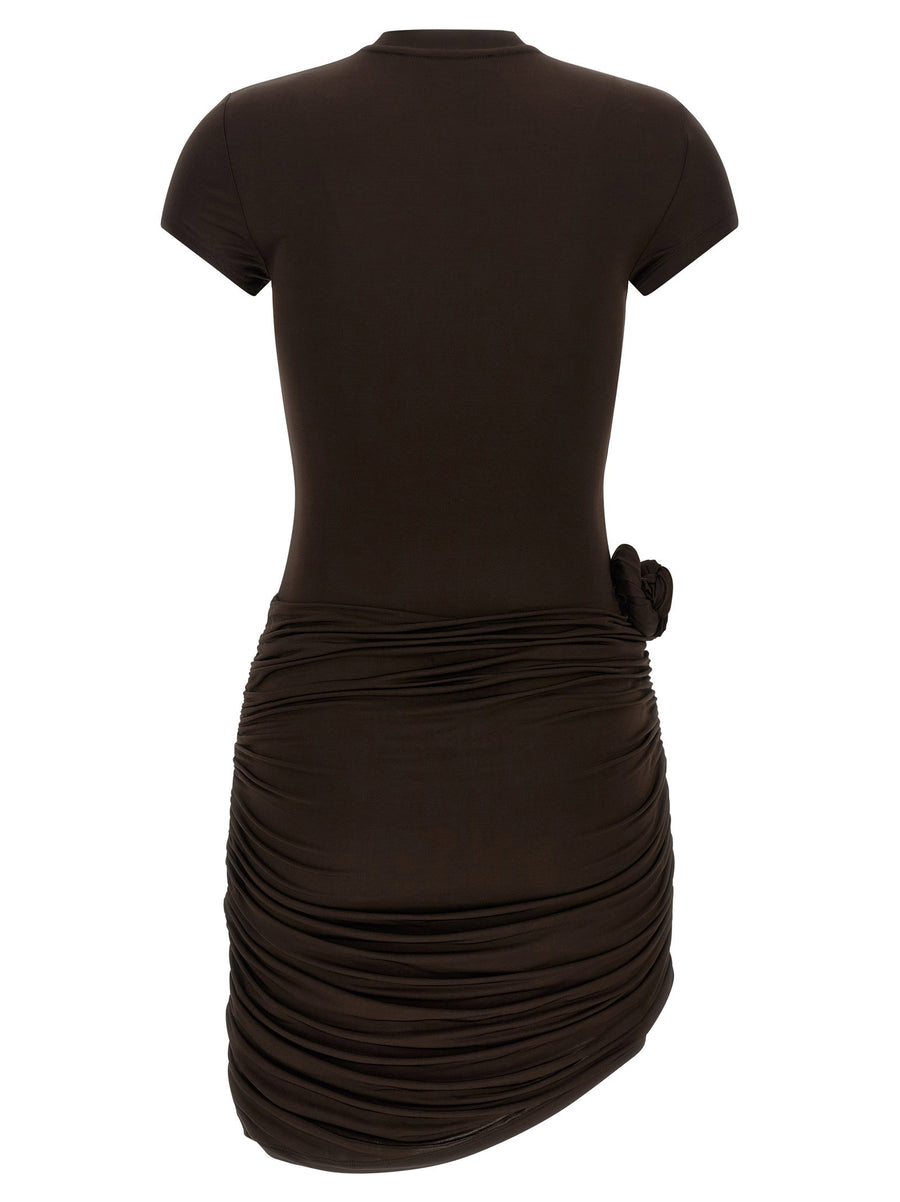 Rotate Birger Christensen Draped Dress For Women Brown Viscose Jersey Mini With Curl Detail