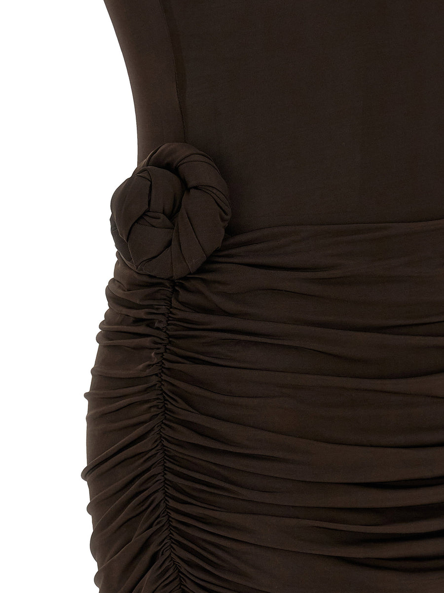 Rotate Birger Christensen Draped Dress For Women Brown Viscose Jersey Mini With Curl Detail