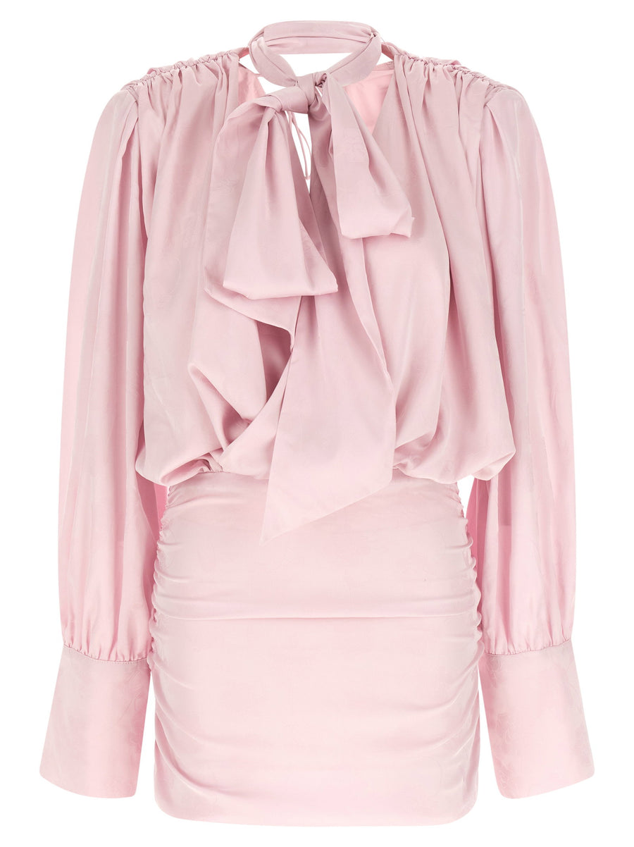 Rotate Birger Christensen LS Mini Dress Floral Pink Silk Effect Luxurious Plunging Neckline for Women