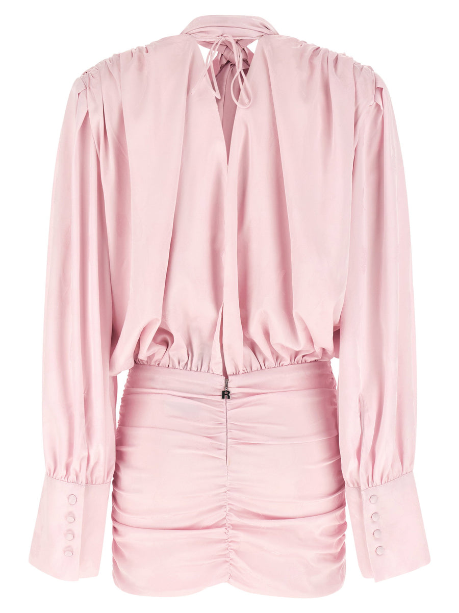 Rotate Birger Christensen LS Mini Dress Floral Pink Silk Effect Luxurious Plunging Neckline for Women