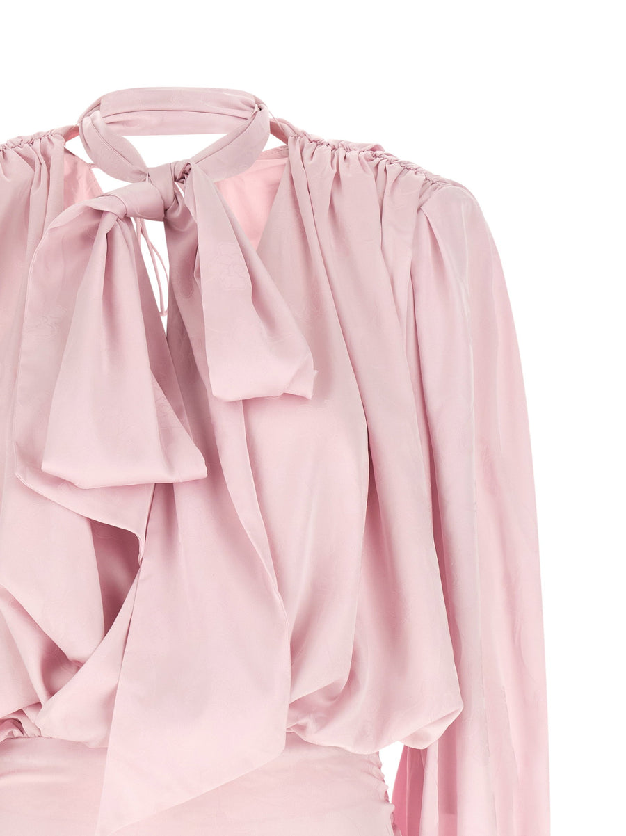 Rotate Birger Christensen LS Mini Dress Floral Pink Silk Effect Luxurious Plunging Neckline for Women