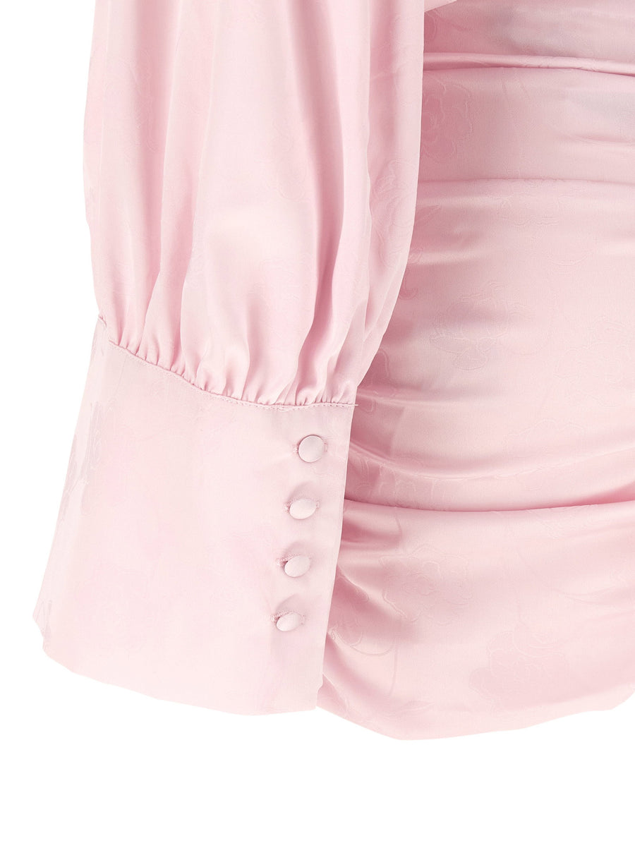 Rotate Birger Christensen LS Mini Dress Floral Pink Silk Effect Luxurious Plunging Neckline for Women