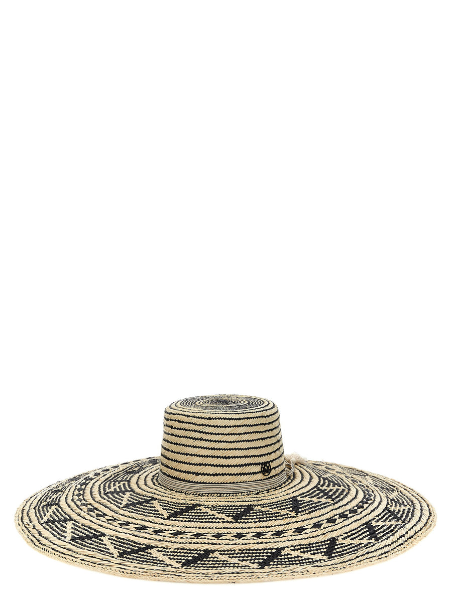 Maison Michel Gina Brisa Straw Wide Brim Hat White Black Graphic Tassels